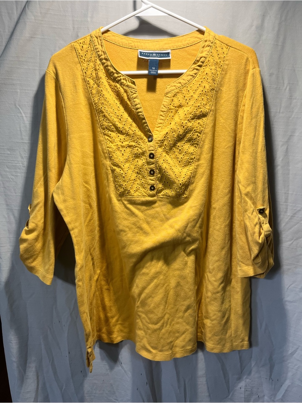 Karen Scott Yellow Embroidered Split-Neck Tunic